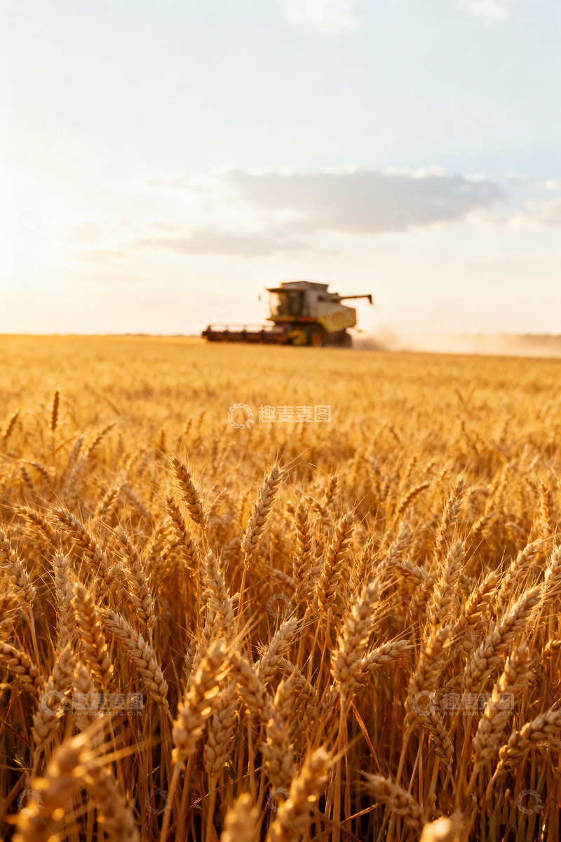 高清大图下载【趣麦麦图】夕阳下的麦田收割机作业