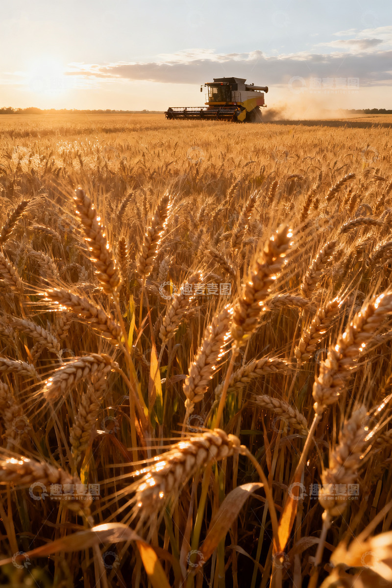 高清大图下载【趣麦麦图】夕阳下的麦田收割机