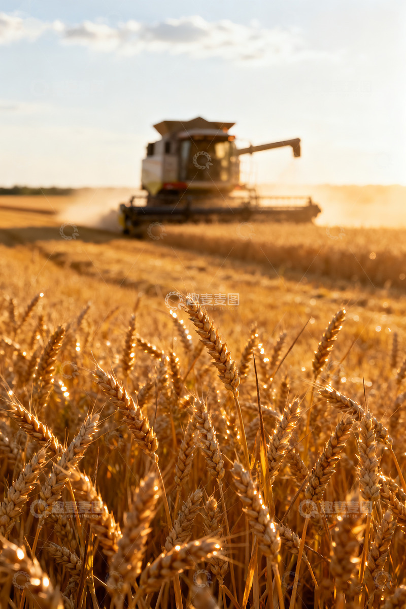 高清大图下载【趣麦麦图】夕阳下的麦田收割机作业