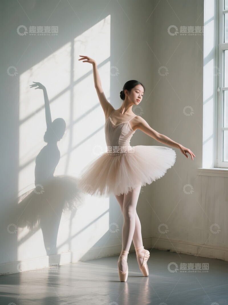 高清大图下载【趣麦麦图】芭蕾舞者在明亮舞蹈室练习