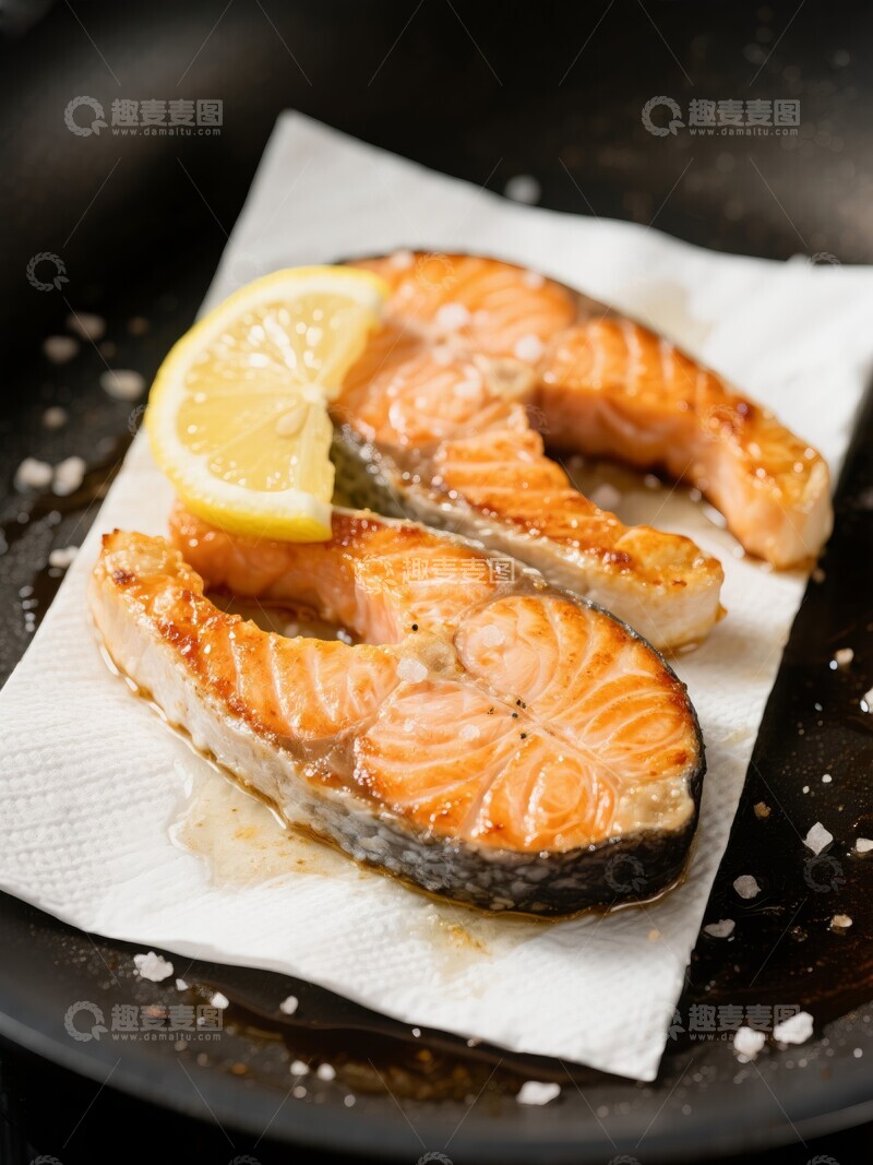 高清大图下载【趣麦麦图】烤制三文鱼配柠檬装盘