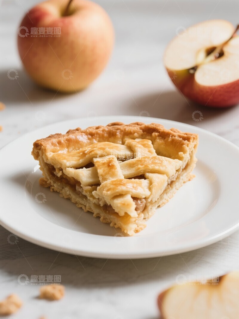 高清大图下载【趣麦麦图】餐桌上盘子里的苹果派和苹果特写