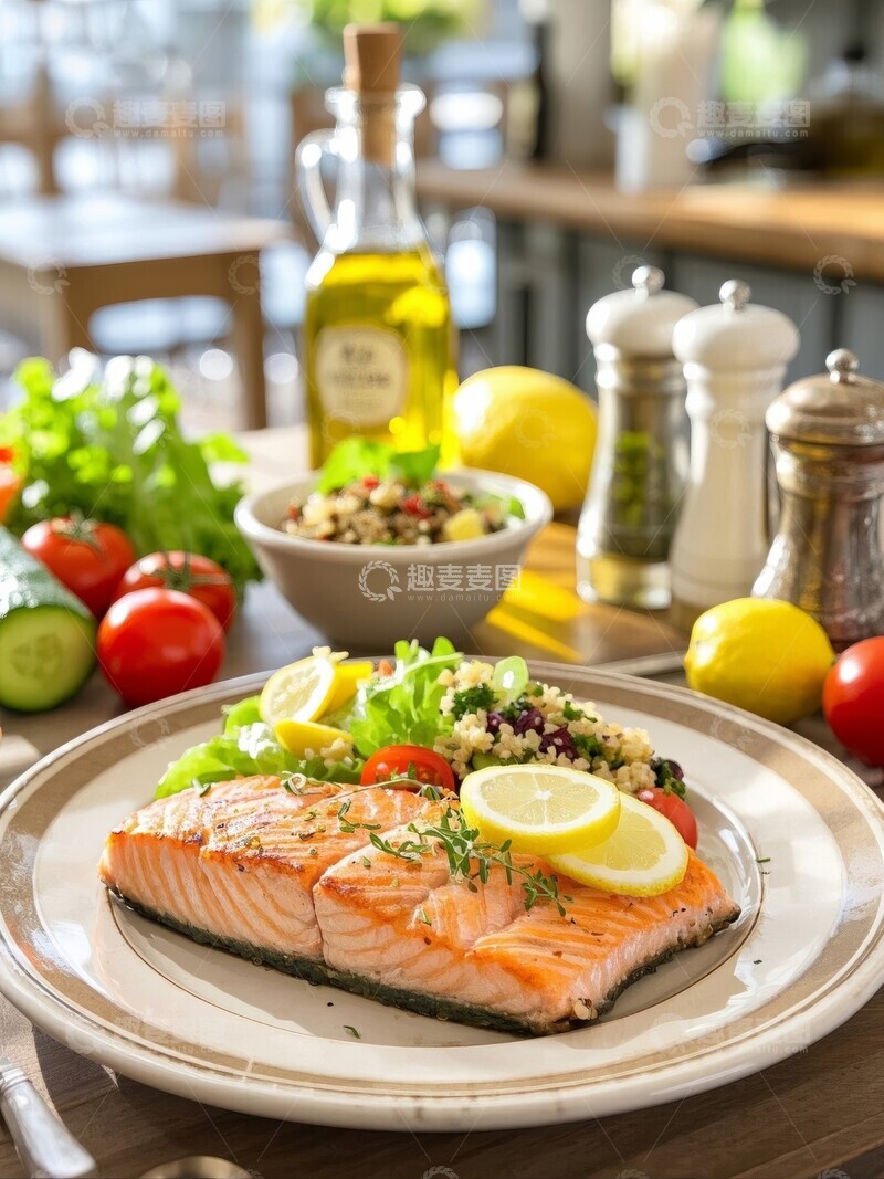 高清大图下载【趣麦麦图】煎三文鱼藜麦沙拉配蔬菜