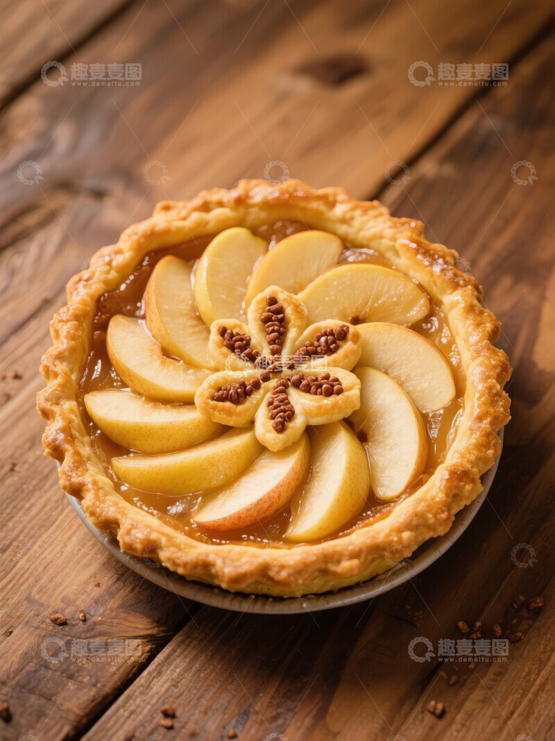 高清大图下载【趣麦麦图】木质餐桌上的苹果派特写