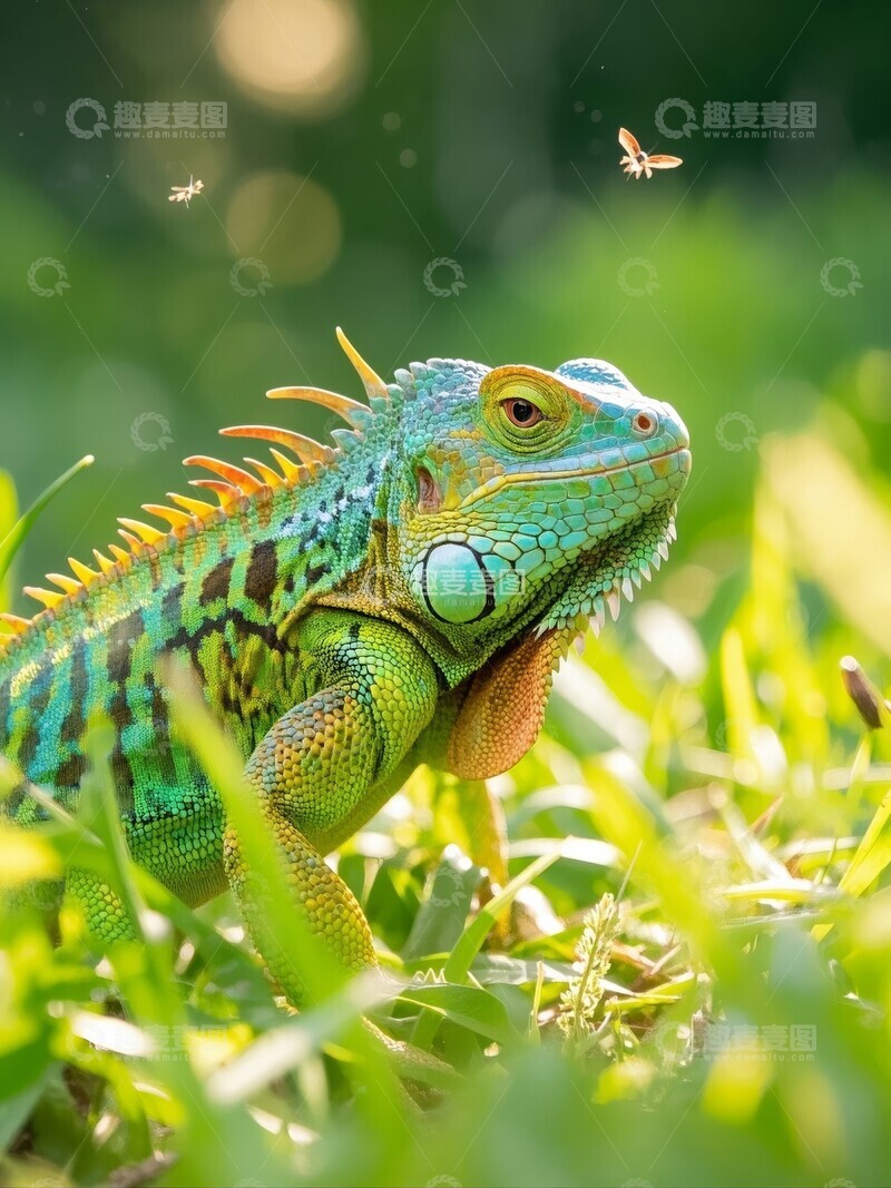 高清大图下载【趣麦麦图】绿草上的黄绿色变色龙