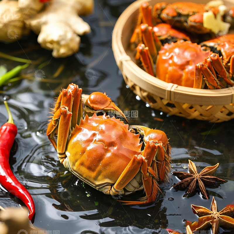 高清大图下载【趣麦麦图】新鲜大闸蟹与香料摆拍