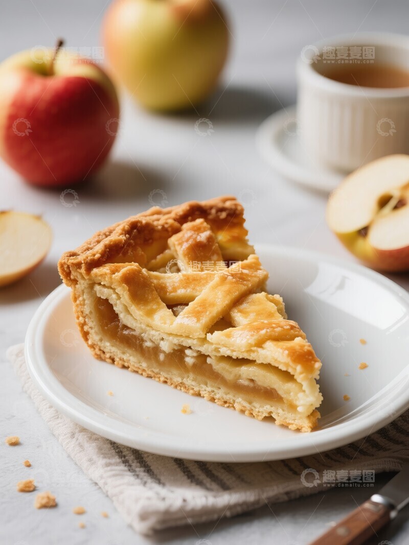 高清大图下载【趣麦麦图】餐桌上盘子里的苹果派特写