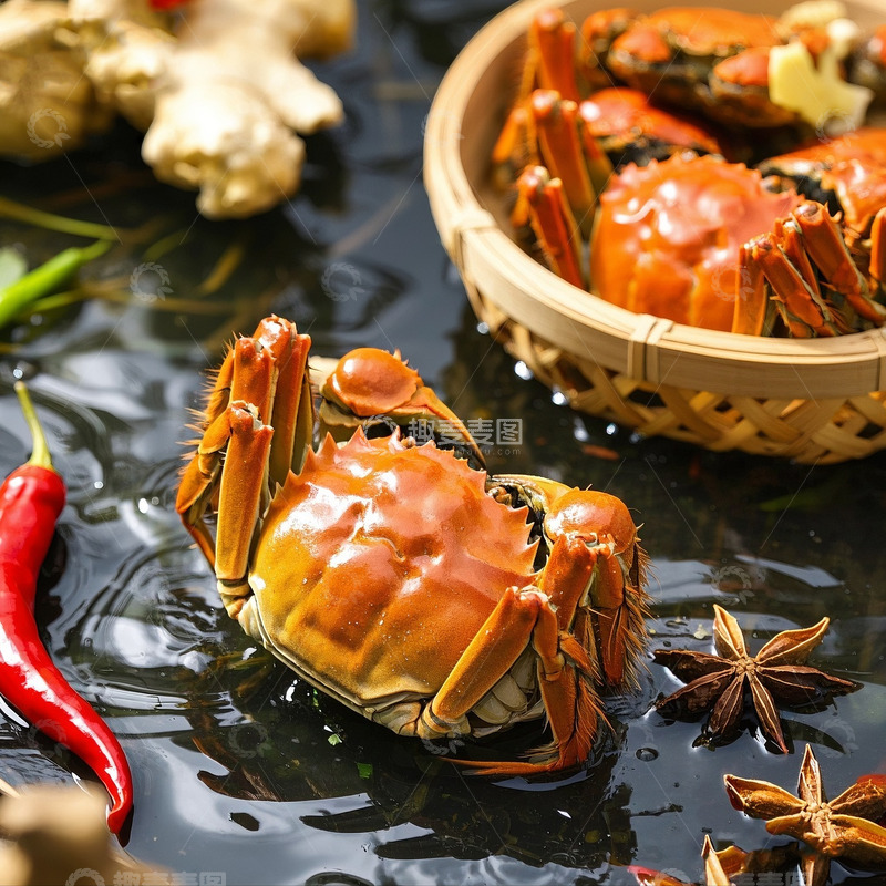 高清大图下载【趣麦麦图】新鲜大闸蟹与香料摆拍0