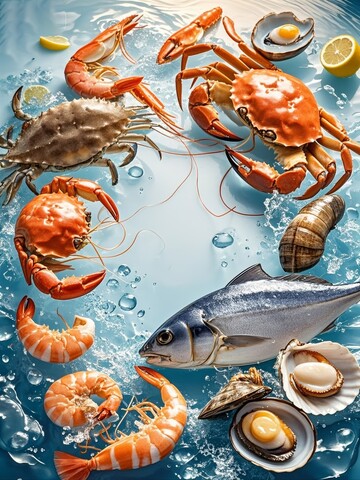 海鲜食材在水中漂浮的背景