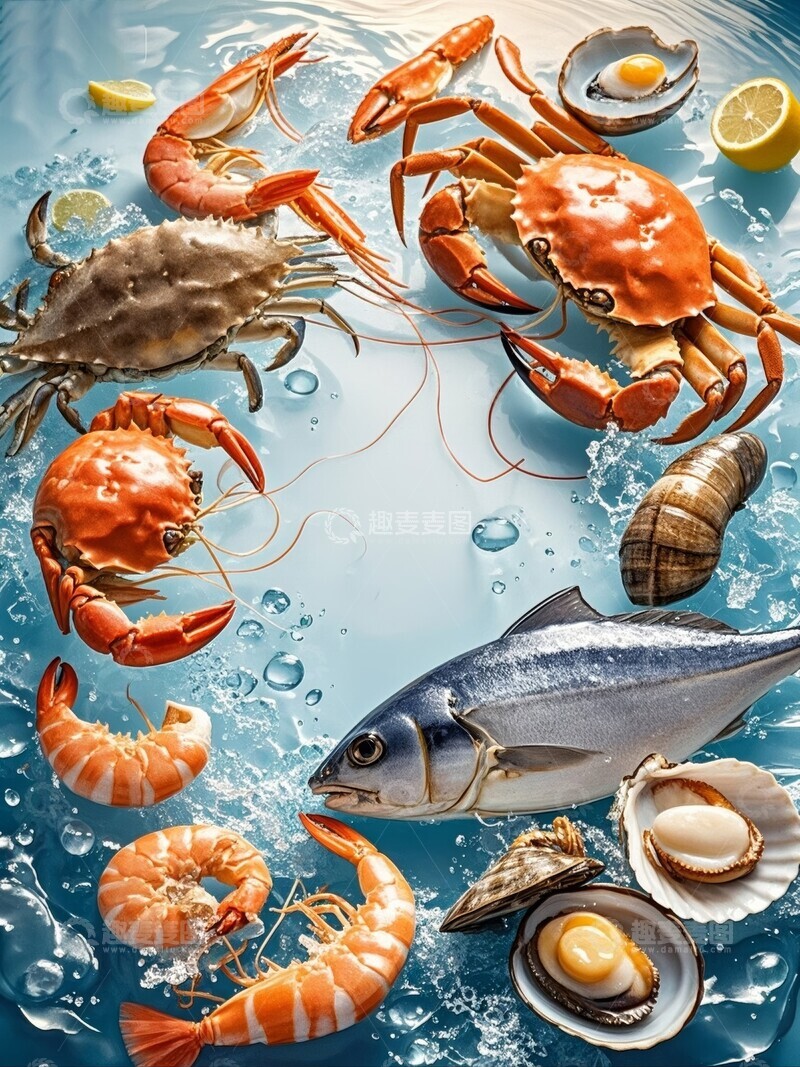 高清大图下载【趣麦麦图】-海鲜食材在水中漂浮的背景