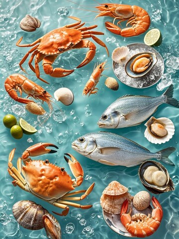海鲜食材在水中漂浮的场景