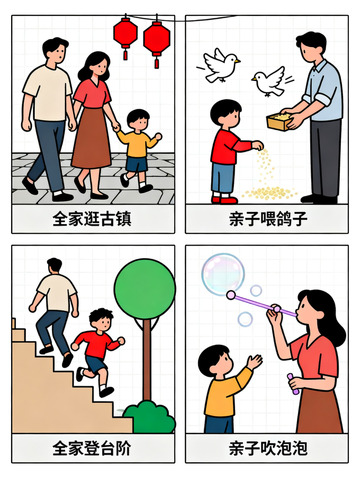 简约风全家逛古镇国庆旅游插画 