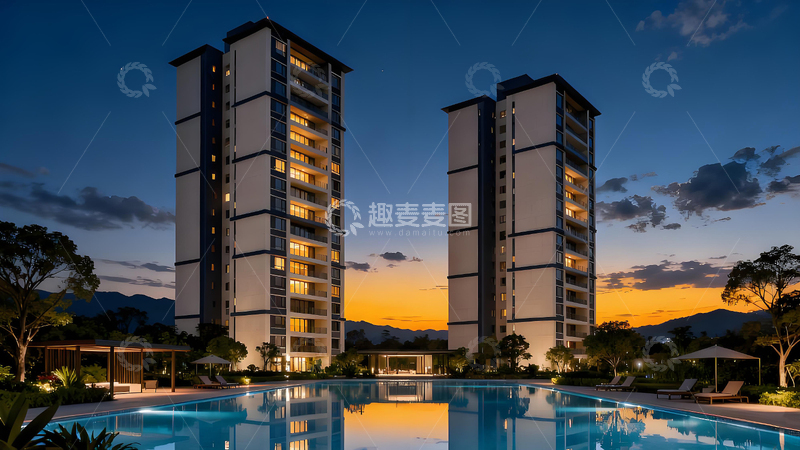 高清大图下载【趣麦麦图】黄昏夜晚现代化高层住宅区公寓楼建筑