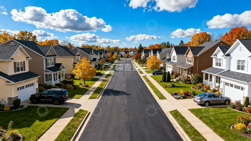 高清大图下载【趣麦麦图】郊区排列整齐住宅草坪花园秋季房屋建筑