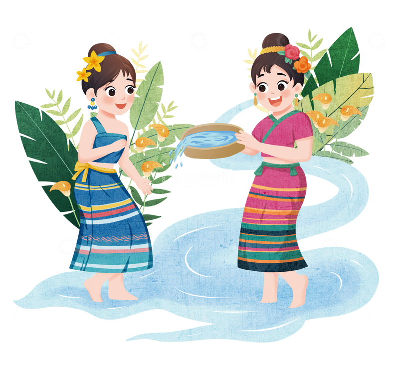 源文件下载【趣麦麦图】-傣族少女泼水欢乐场景