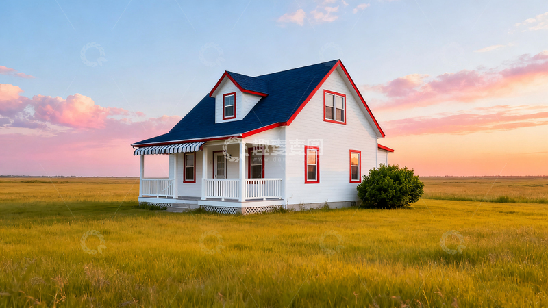 高清大图下载【趣麦麦图】日落时分在开阔草地上的白色房屋屋顶深蓝色