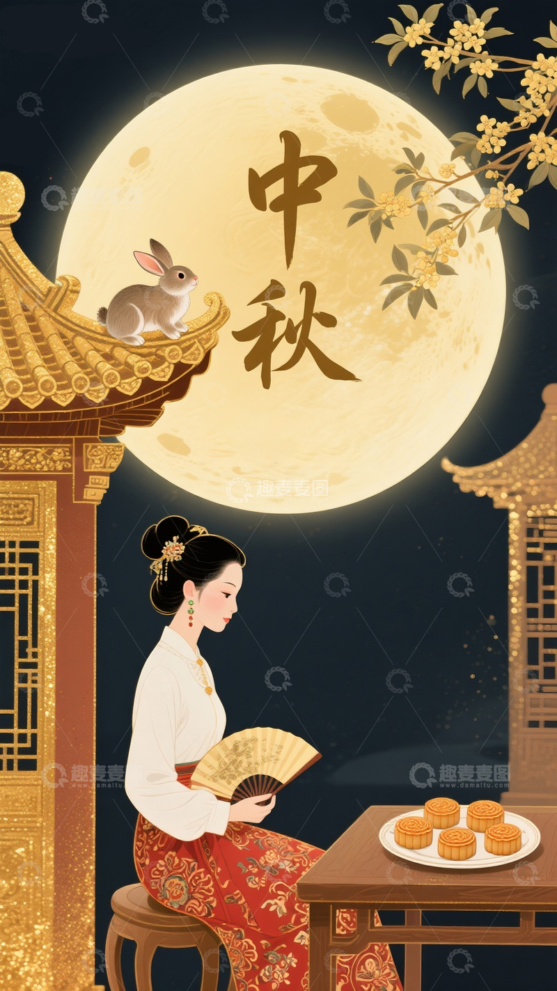 高清大图下载【趣麦麦图】中秋古风赏月场景插画