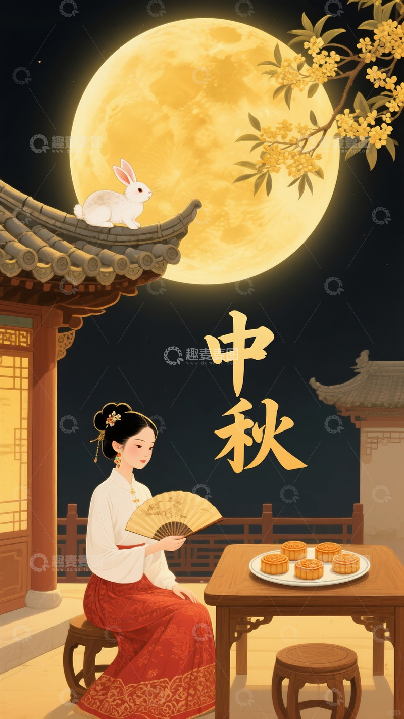 高清大图下载【趣麦麦图】中秋传统赏月场景插画
