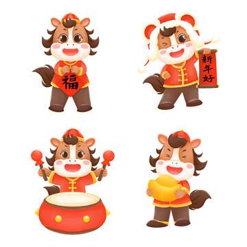 马年春节可爱卡通马喜庆福字敲鼓元素