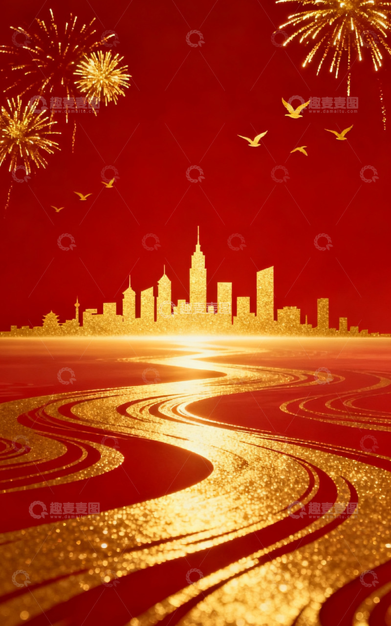 高清大图下载【趣麦麦图】国庆红金城市烟花庆典剪影图