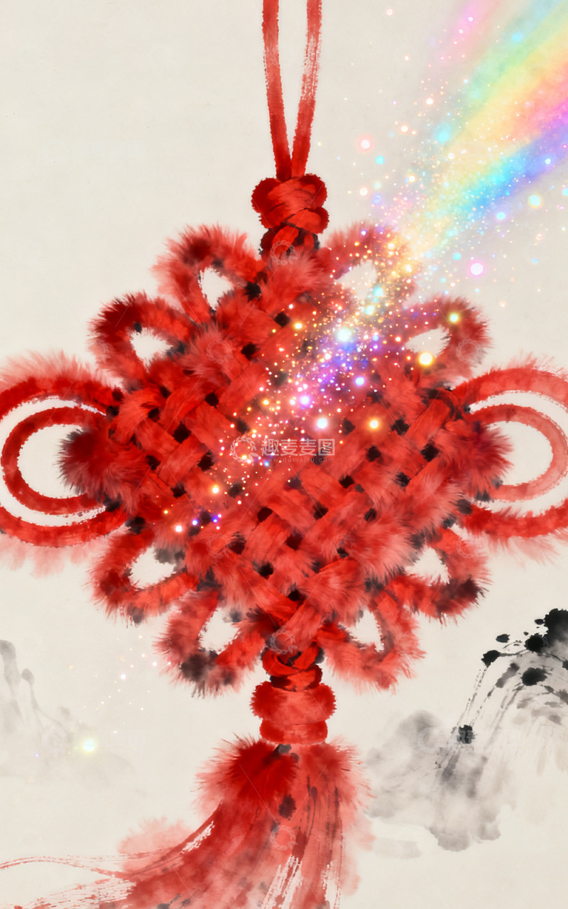 高清大图下载【趣麦麦图】国庆新年毛绒中国结装饰背景1