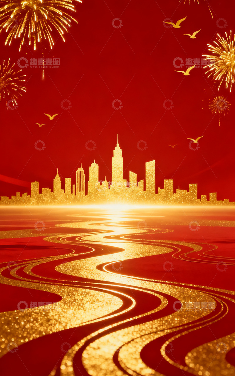 高清大图下载【趣麦麦图】国庆红金城市烟花庆典背景图