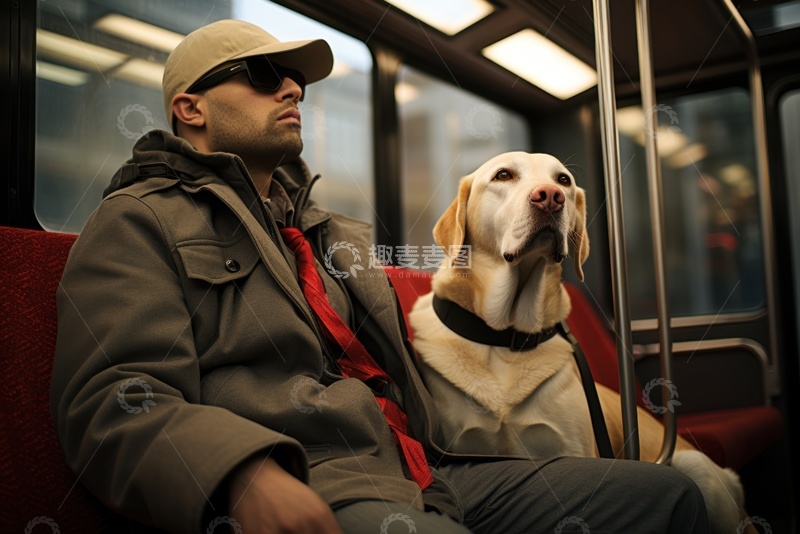 高清大图下载【趣麦麦图】导盲犬和盲人坐在电车上