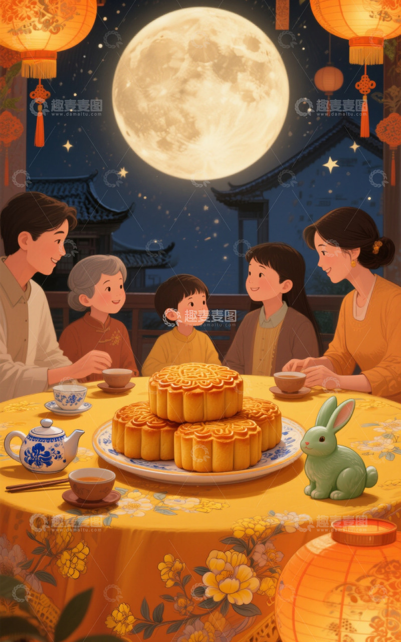 高清大图下载【趣麦麦图】中秋阖家团圆赏月吃饼图