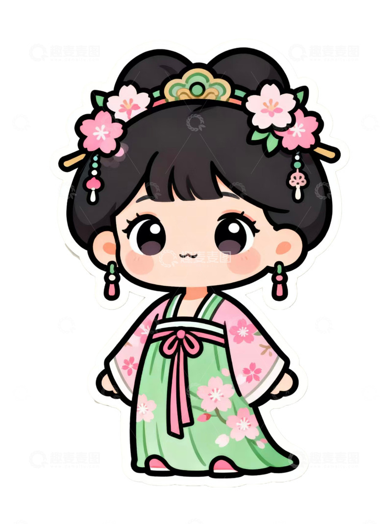 高清大图下载【趣麦麦图】古风Q版大唐美人樱花插画元素1