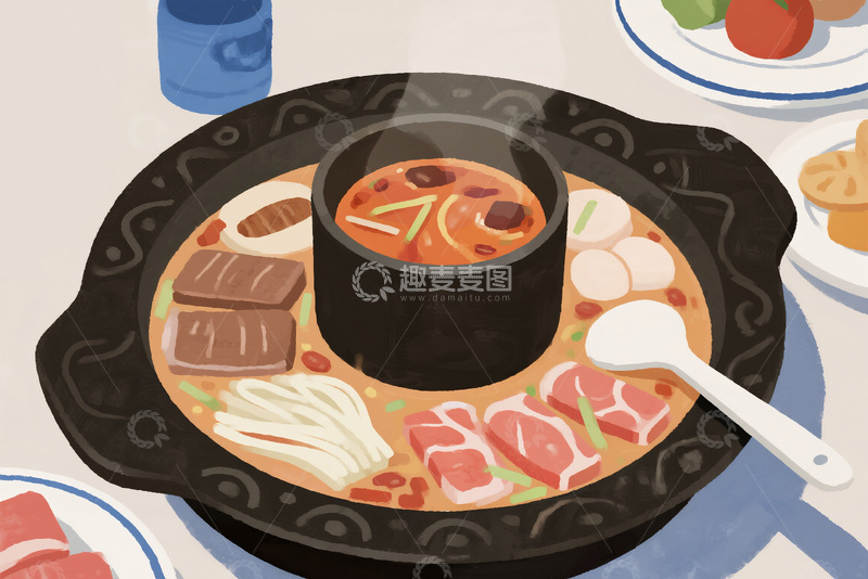 高清大图下载【趣麦麦图】-美味鸳鸯火锅插画展示图