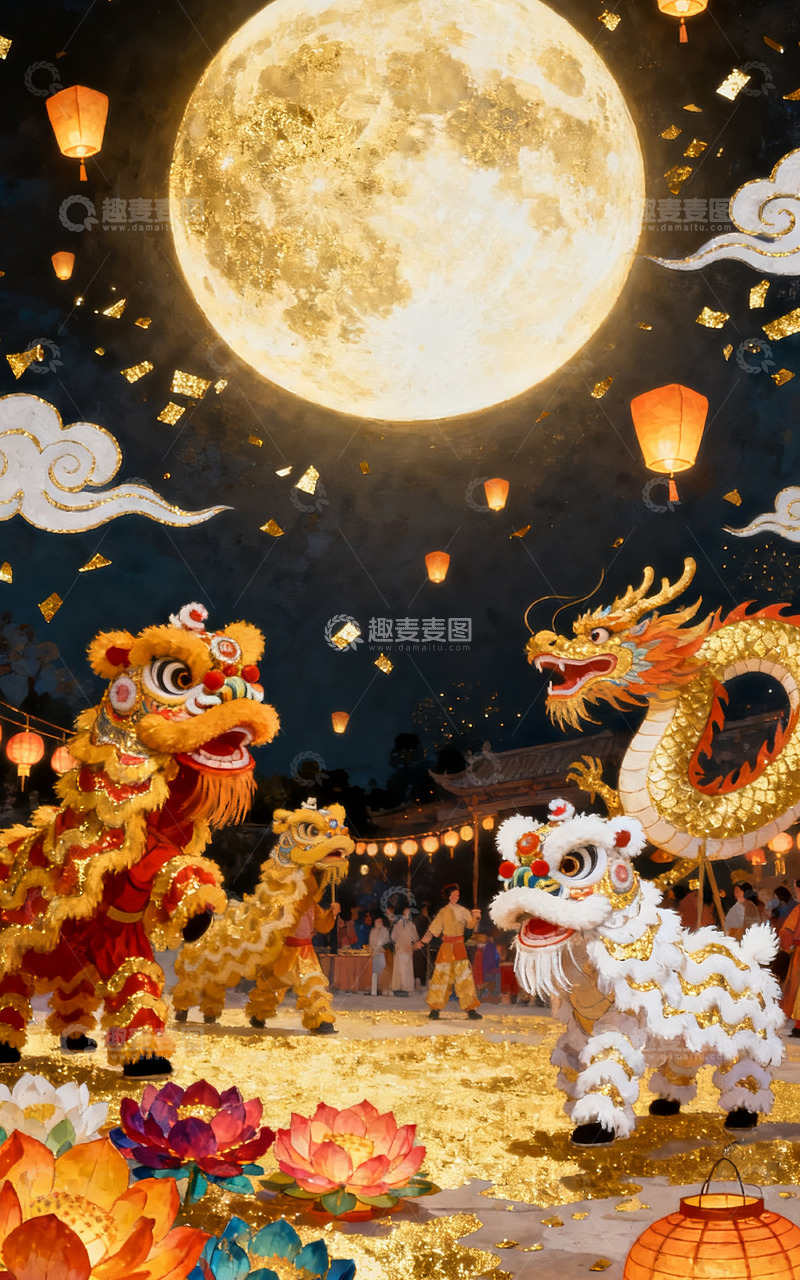 高清大图下载【趣麦麦图】国庆中秋龙狮花灯赏月图