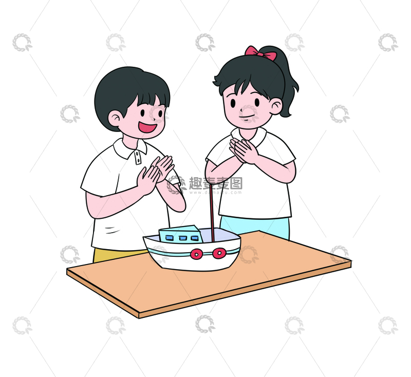 源文件下载【趣麦麦图】小朋友开心赏玩小船模型儿童素养图