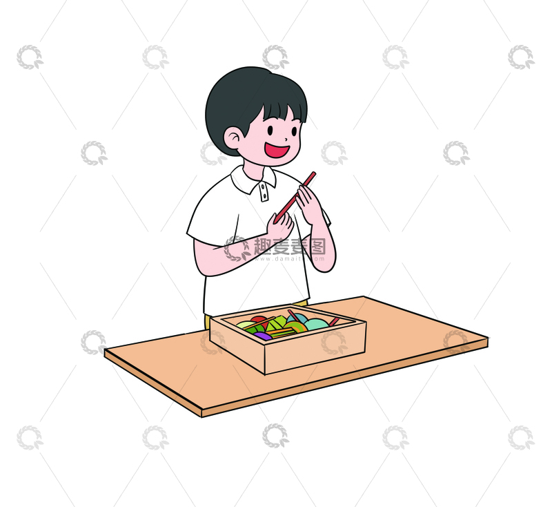 源文件下载【趣麦麦图】-男孩开心享用多彩餐食儿童素养插画