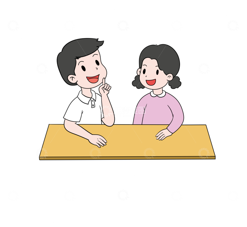 源文件下载【趣麦麦图】-桌边交谈的男孩与女孩儿童素养图
