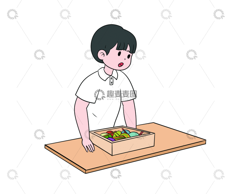 源文件下载【趣麦麦图】小男孩专注看彩色物件盒儿童