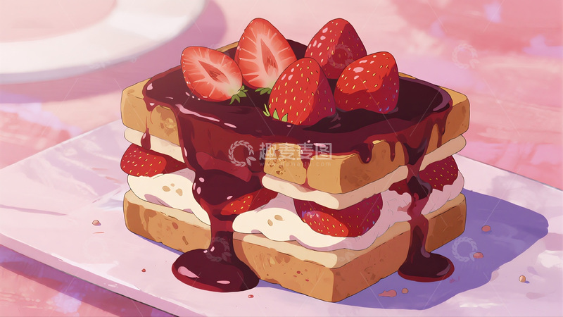 高清大图下载【趣麦麦图】草莓巧克力酱多层吐司插画