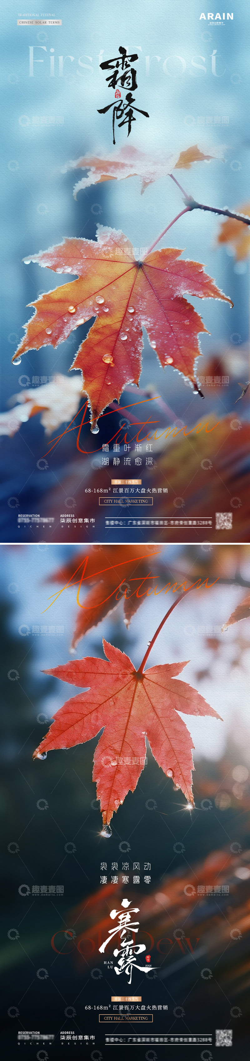 地产寒露霜降枫叶露珠风景海报