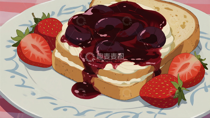 高清大图下载【趣麦麦图】莓果奶油吐司美食插画