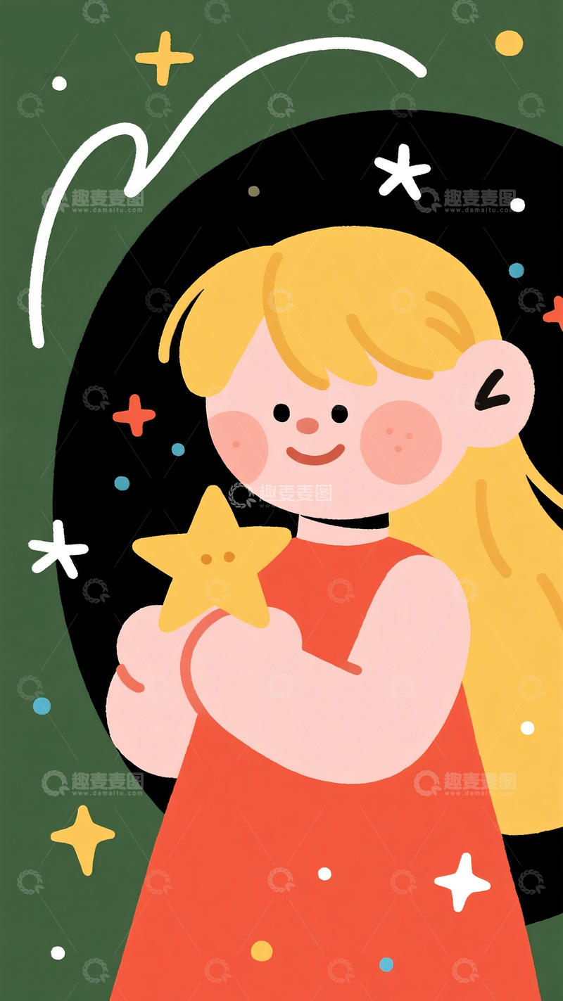 高清大图下载【趣麦麦图】抱星星的女孩插画