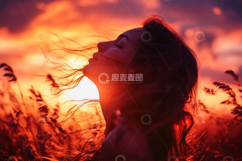 高清大图下载【趣麦麦图】夕阳下仰头的女孩