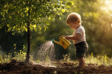拿着水壶浇水的可爱小男孩