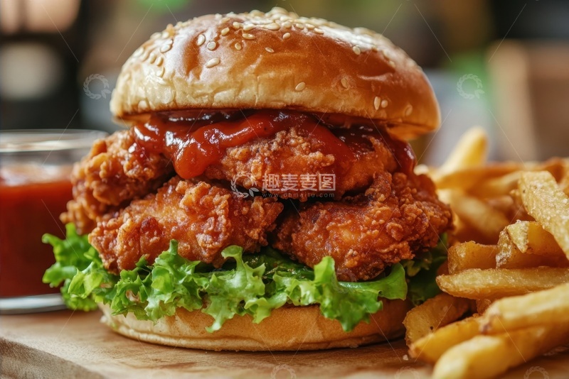高清大图下载【趣麦麦图】放在桌面上的鸡排汉堡