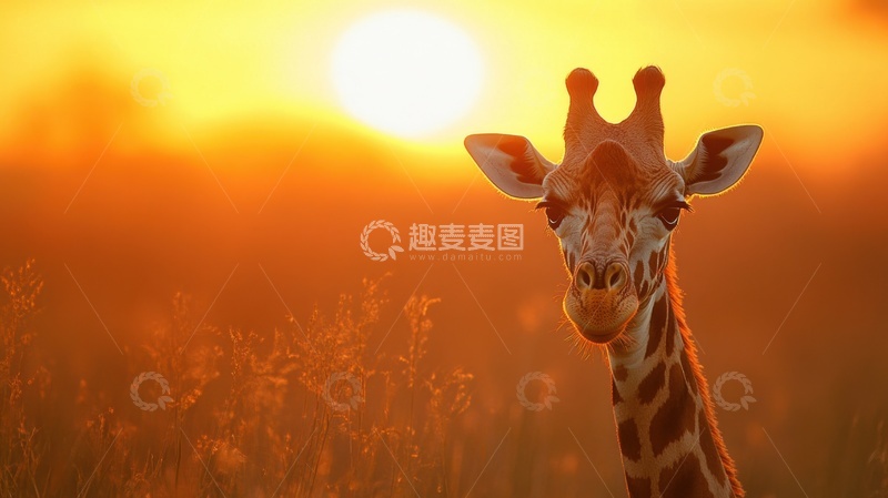 高清大图下载【趣麦麦图】夕阳下的一只长颈鹿特写