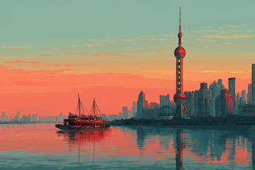 夕阳下的东方明珠塔