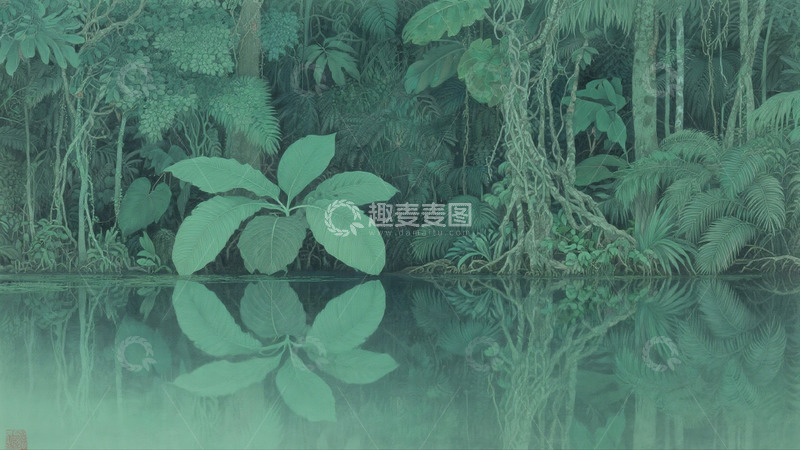 高清大图下载【趣麦麦图】森林湖边插画背景1