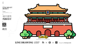 故宫城市地标矢量建筑线描海报