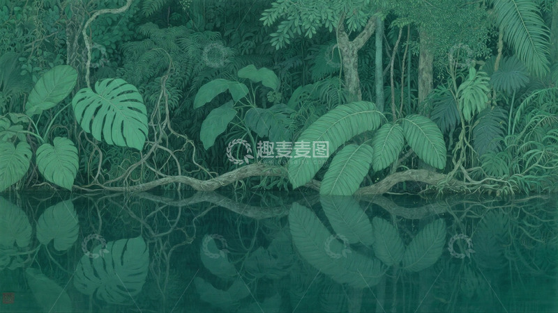 高清大图下载【趣麦麦图】森林湖边插画背景4