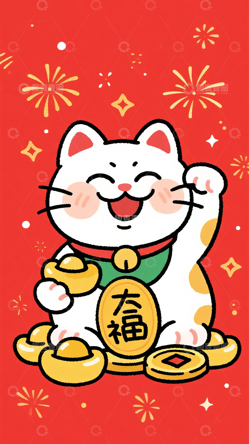 高清大图下载【趣麦麦图】“大福” 招财猫迎福图