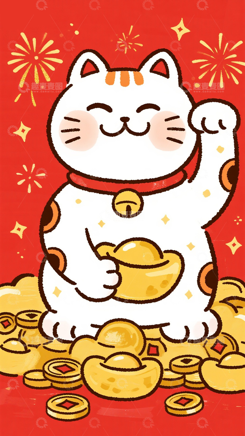 高清大图下载【趣麦麦图】招财猫坐拥元宝金币图