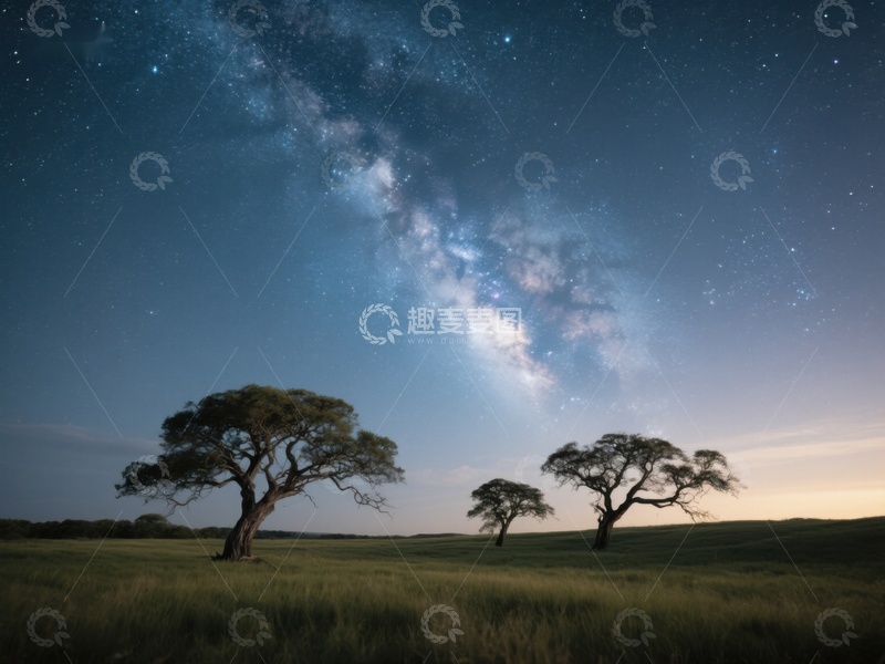 高清大图下载【趣麦麦图】-星空下的孤树与草原